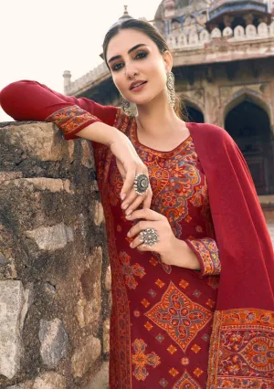 Pure Handloom Weaving Pashmina Red Winter Suits Set