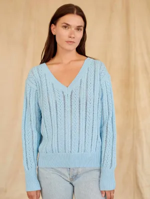 White   Warren - Recycled Cotton Open Cable V-Neck Sweater in Sky Blue